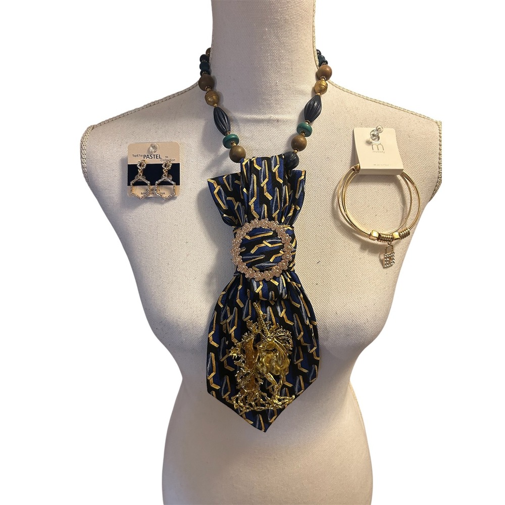 Neiman Marcus Silk Tie Necklace Unicorn Brooch Set Earrings Bracelet Blue Gold - Picture 6 of 12